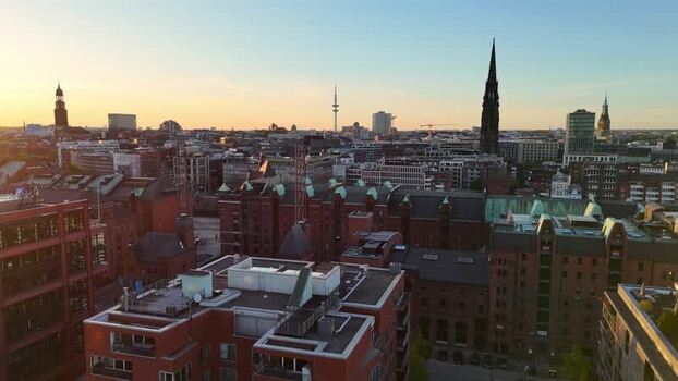 Aerial view of Speicherstadt warehouse district and city skyline Germany. Aerial view of Speicherstadt warehouse district and city skyline Germany.