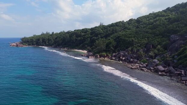 Aerial view of Anse Reunion beach and coastline Seychelles.