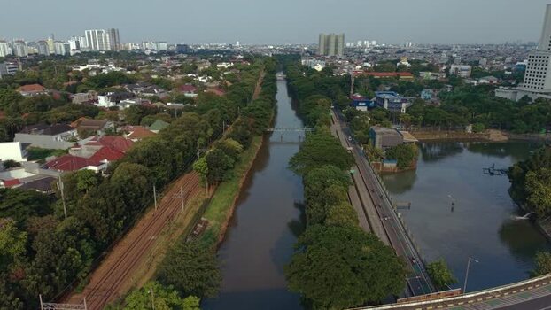 Aerial view of a canal in Jakarta Indonesia.