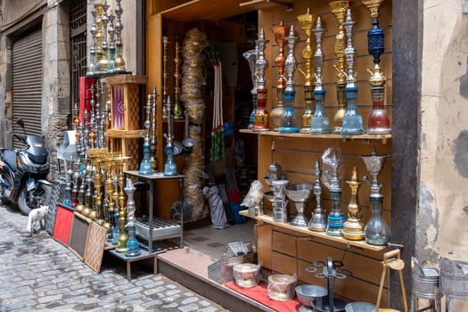 El Gamaleya Egypt 09 May 2026 View of a traditional shop displaying colorful hookahs and shishas on Al Moez Ldin Allah Al Fatmi street in the historic district. El Gamaleya Egypt 09 May 2026 View of a traditional shop displaying colorful hookahs and shishas on Al Moez Ldin Allah Al Fatmi street in the historic district.