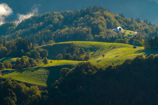 Aerial view of rolling green hills and lush forests with a small house nestled on the hillside in Spodnja Lusa Skofja Loka Slovenia.