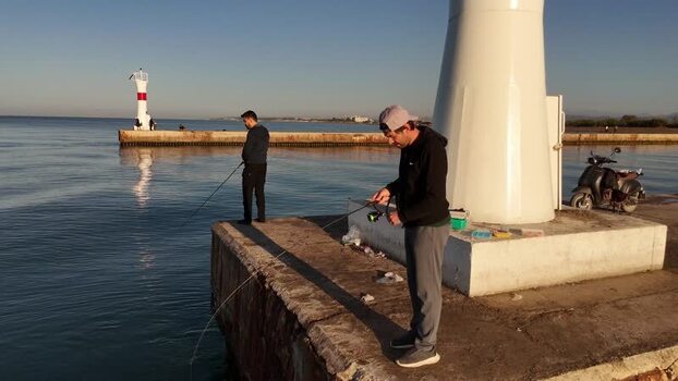Aerial view of fishermen on a pier in Manavgat Turkiye.
