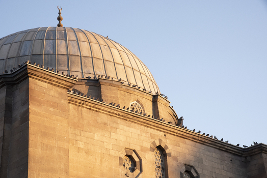 View of a historic mosque dome with pigeons perched on the stone ledges under a clear blue sky in Kayseri Kayseri Turkiye. View of a historic mosque dome with pigeons perched on the stone ledges under a clear blue sky in Kayseri Kayseri Turkiye.