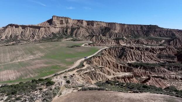 Aerial view of Bardenas Reales desert landscape in Spain.