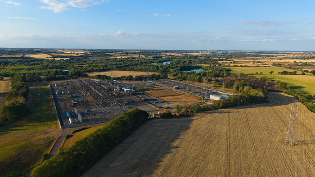 Aerial view of Grendon national grid station surrounded by agricultural fields power lines and lush greenery in Northampton England United Kingdom. Aerial view of Grendon national grid station surrounded by agricultural fields power lines and lush greenery in Northampton England United Kingdom.