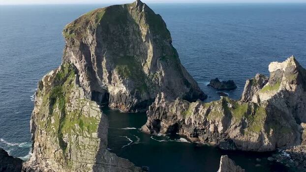 Aerial view of sea stacks at An Port Ireland.