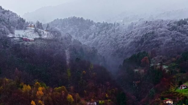 Aerial view of snow covered mountains and forests in Italy.