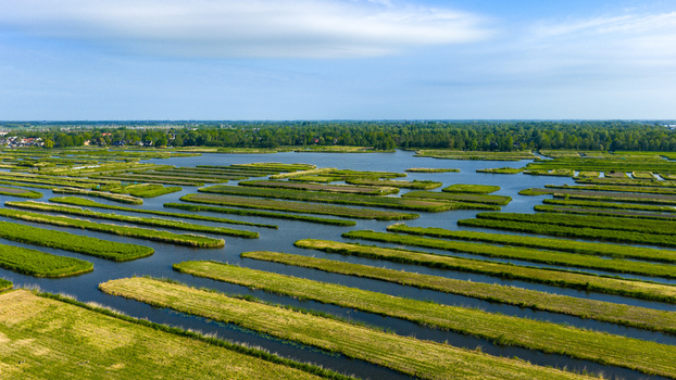 Aerial view of the Oosterdel nature reserve featuring unique narrow islands and water channels under a clear blue sky in Broek op Langedijk Noord Holland Netherlands. Aerial view of the Oosterdel nature reserve featuring unique narrow islands and water channels under a clear blue sky in Broek op Langedijk Noord Holland Netherlands.
