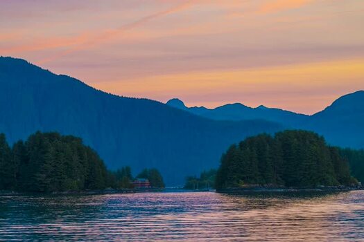 View of the moon over mountains and islands United States.