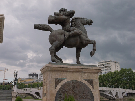 View of the Warrior on a Horse statue in Macedonia Square Skopje Greater Skopje North Macedonia.
