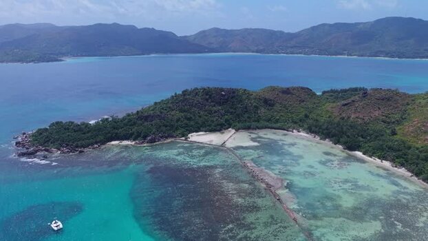 Aerial view of Curieuse Island Seychelles.