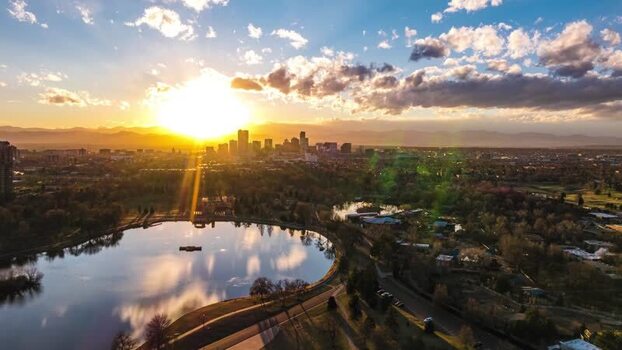 Aerial view of Denver skyline at sunset United States.