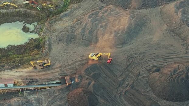 Aerial view of coal mining site in Anggana Indonesia.