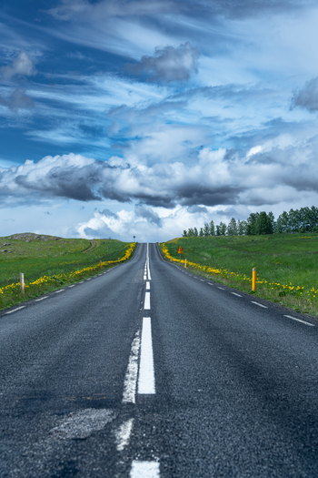 View of a long asphalt road stretching through green fields with yellow wildflowers under a dramatic cloudy sky in Hvalfjordur Iceland. View of a long asphalt road stretching through green fields with yellow wildflowers under a dramatic cloudy sky in Hvalfjordur Iceland.