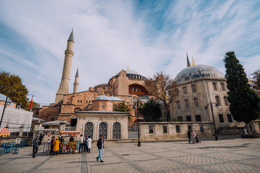 Istanbul Turkiye 07 October 2019 View of the majestic Hagia Sophia mosque under a bright sky its minarets and domes rising above the historic city square.