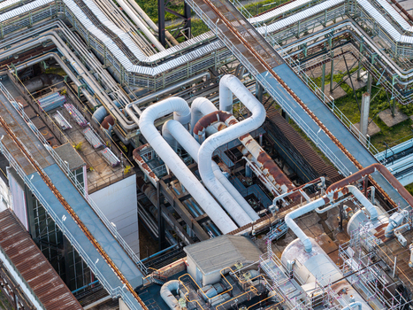 Aerial view of the Heizkraftwerk Klingenberg combined heat and power plant featuring complex industrial piping systems metal structures and technical infrastructure in Berlin Berlin Germany. Aerial view of the Heizkraftwerk Klingenberg combined heat and power plant featuring complex industrial piping systems metal structures and technical infrastructure in Berlin Berlin Germany.