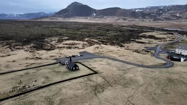 Aerial view of Budakirkja Church Iceland.
