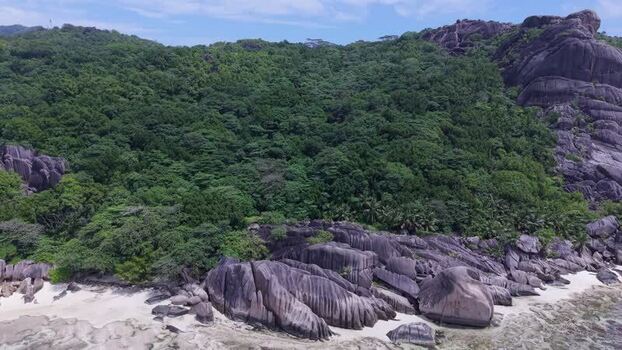 Aerial view of Anse Reunion coastline Seychelles.