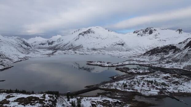 Aerial view of Lofoten mountains and lake in Vagan Municipality Norway.