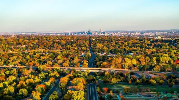 Aerial view of Denver skyline in autumn United States.