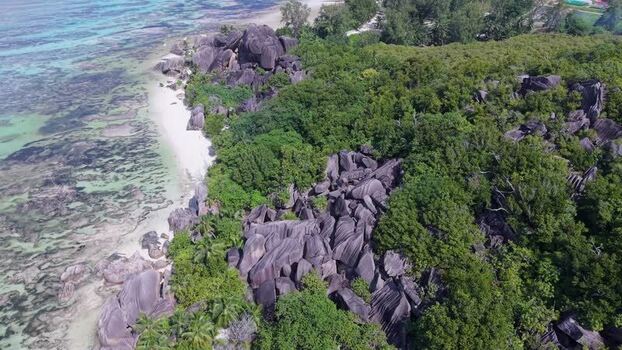 Aerial view of granite boulders at Anse Reunion Seychelles.