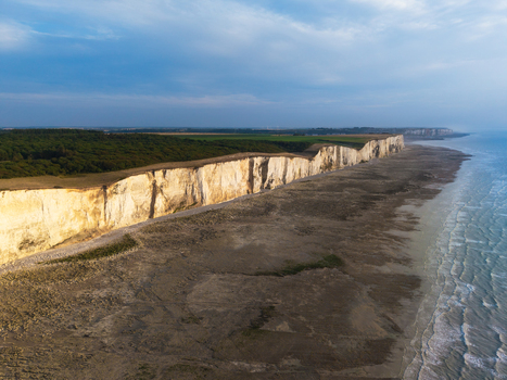 Aerial view of the white chalk cliffs of the Beach of the Bois de Cise with lush forest atop the plateau and waves gently washing onto the sandy shore in Ault Hauts de France France.