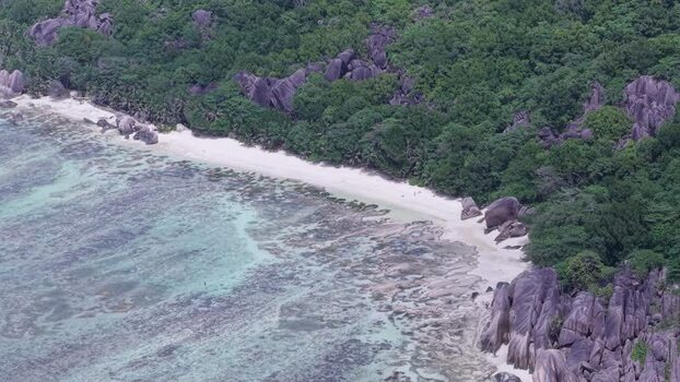 Aerial view of Anse Reunion beach in Seychelles.