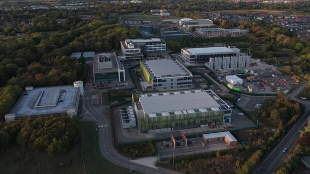 Aerial view of Kao Data campus in Harlow United Kingdom.