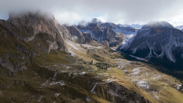 Aerial view of Seceda mountain peaks in the Dolomites Italy.