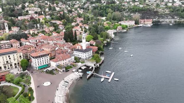 Aerial view of Cernobbio town center and Lake Como Italy.