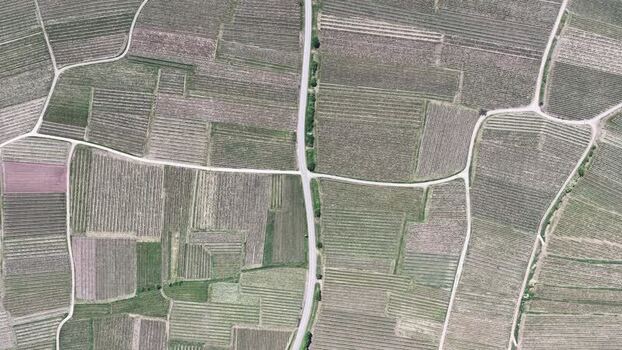Aerial view of agricultural fields and rural roads France.