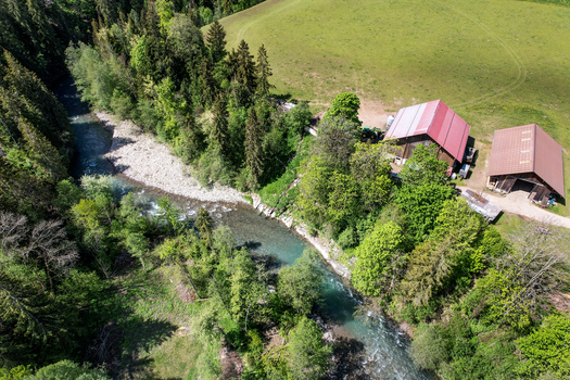 Aerial view of a river flowing through a lush green forest next to traditional farm buildings and open meadows in Rougemont Vaud Switzerland. Aerial view of a river flowing through a lush green forest next to traditional farm buildings and open meadows in Rougemont Vaud Switzerland.