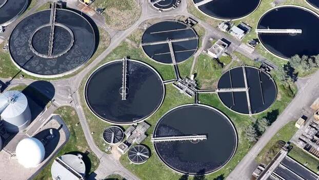 Aerial view of circular tanks facility France.