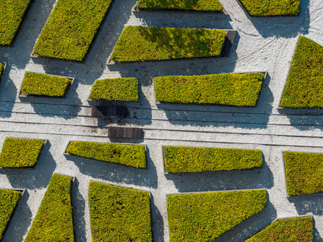 Aerial view of a geometric garden with manicured green hedges and light gravel paths in Katowice Wojewodztwo slaskie Poland.