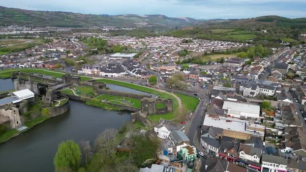 Aerial view of Caerphilly Castle and the town United Kingdom.