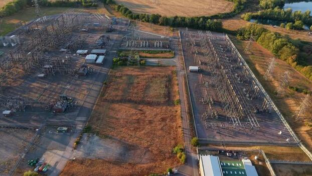 Aerial view of Grendon national grid station 400kV United Kingdom. Aerial view of Grendon national grid station 400kV United Kingdom.