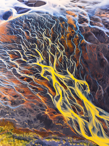Aerial view of a vibrant braided river with yellow sediment rich water flowing through dark volcanic sand in Iceland. Aerial view of a vibrant braided river with yellow sediment rich water flowing through dark volcanic sand in Iceland.