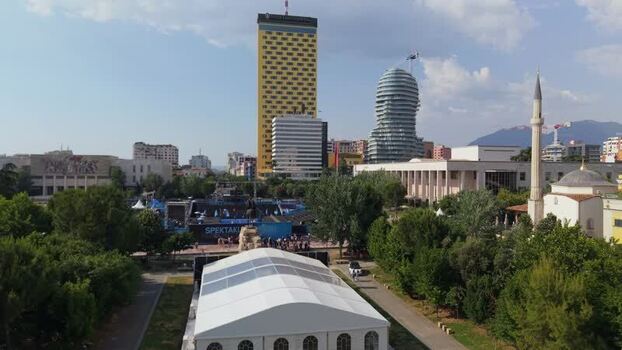Aerial view of Skanderbeg Square and the city skyline Albania.