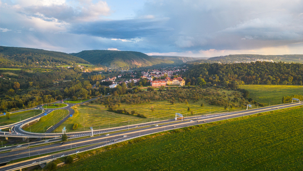 Aerial view of Lahovicky most highway interchange surrounded by green fields and rolling hills near Prague Prague Region Czechia. Aerial view of Lahovicky most highway interchange surrounded by green fields and rolling hills near Prague Prague Region Czechia.