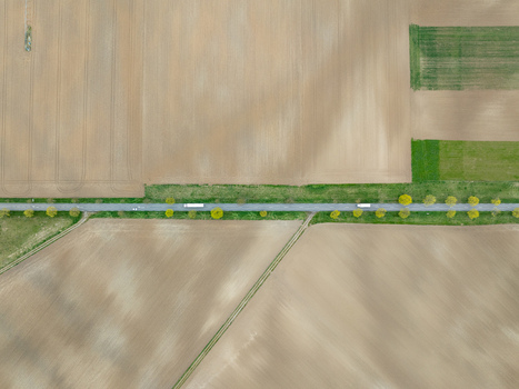 Aerial view of the road slicing through the barren fields lush green patches and vibrant trees Neuf Brisach Grand Est France.