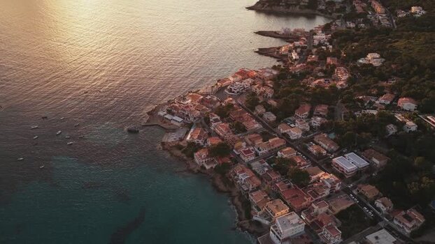 Aerial view of the coastal town of Sant Elm at sunset Spain.