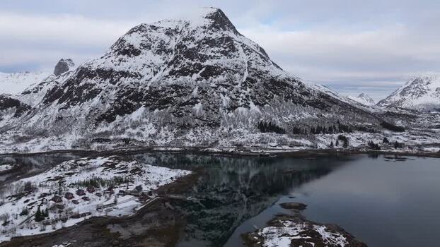 Aerial view of snow covered Lofoten mountains in Norway.