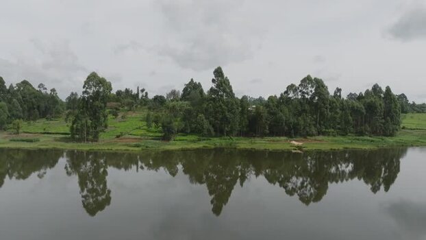 Aerial view of lake with trees reflected Kenya.