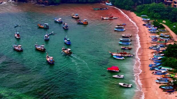 Aerial view of fishing boats in a bay Sri Lanka.
