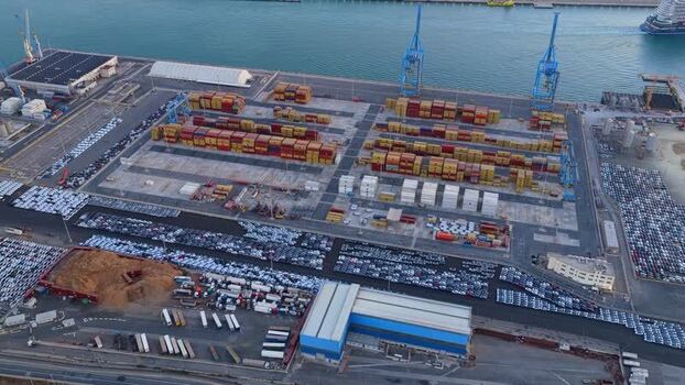 Aerial view of Civitavecchia Port with containers and cars Italy. Aerial view of Civitavecchia Port with containers and cars Italy.