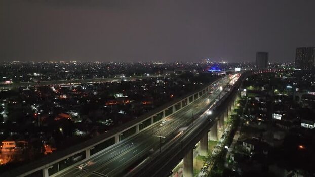 Aerial view of highway at night in Bekasi Barat Indonesia. Aerial view of highway at night in Bekasi Barat Indonesia.