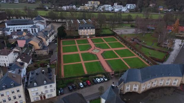 Aerial view of Echternach Abbey gardens Luxembourg.