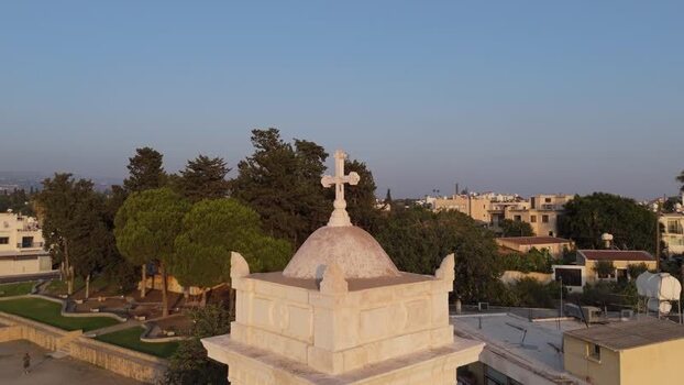Aerial view of church bell tower in Nicosia Cyprus.
