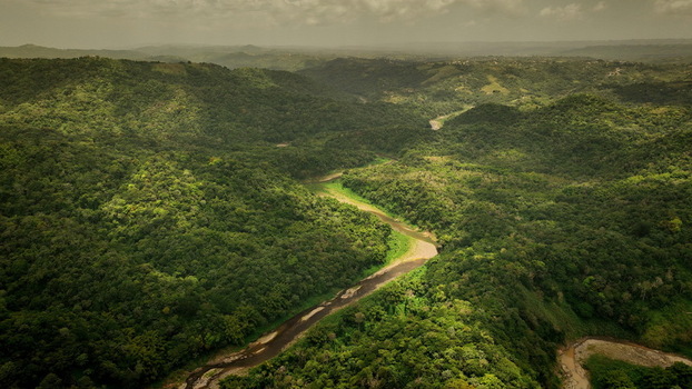 Aerial view of a winding river flowing through lush green tropical forests and rolling hills under a cloudy sky in San Sebastian San Sebastian Puerto Rico.