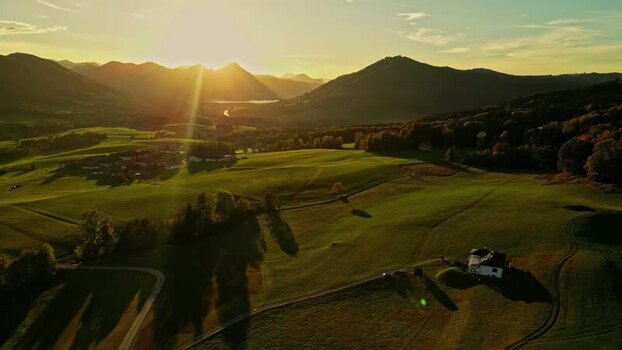 Aerial view of Attersee lake at sunset Austria.